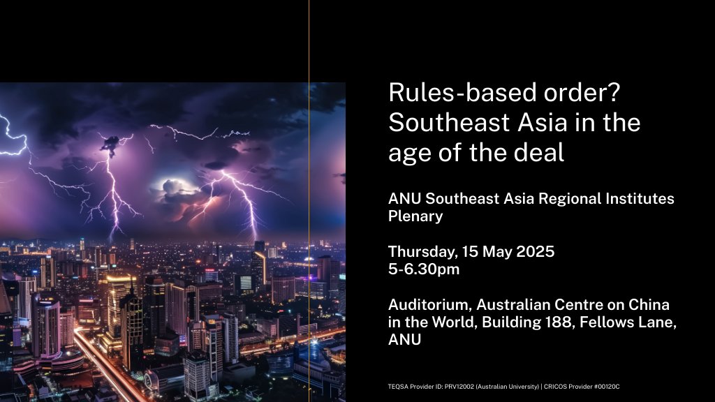 ANU College of Asia and the Pacific (@anuasiapacific) on Twitter photo Want to know how Southeast Asia is managing a shift in the world order?
Join <a href="/ANU_SEAsia/">ANU Southeast Asia</a> and speakers from five ANU Regional Institutes for a plenary event on challenges facing democracy, human rights and the rule of law in SEA.
Register now: quicklink.anu.edu.au/95hg Want to know how Southeast Asia is managing a shift in the world order?
Join <a href="/ANU_SEAsia/">ANU Southeast Asia</a> and speakers from five ANU Regional Institutes for a plenary event on challenges facing democracy, human rights and the rule of law in SEA.
Register now: quicklink.anu.edu.au/95hg