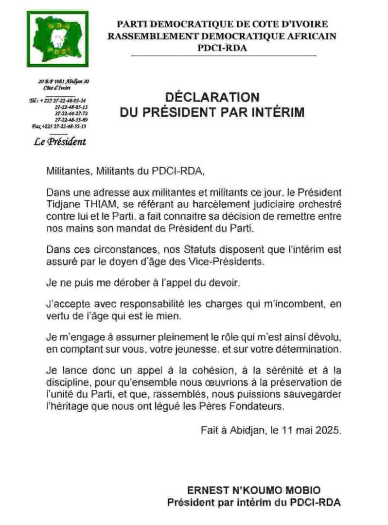 evelyne_deba's tweet image. 🟩 #PDCI ! Tidjane Thiam remet son mandat entre les mains des militants de son parti. 

Le doyen d’âge des vice-présidents, N’koumo Mobio Ernest, désigné président par intérim du PDCI-RDA 

#Déclaration 👇