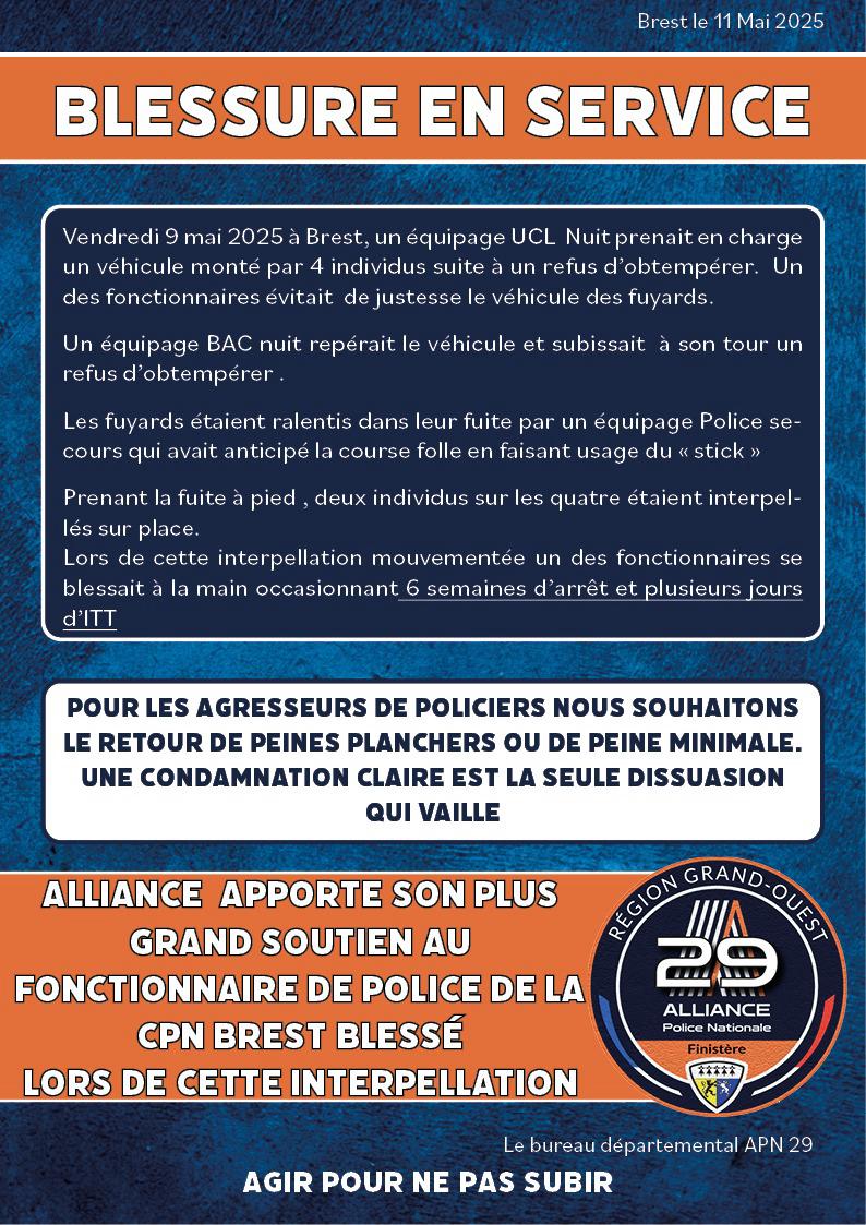 En #Bretagne plus une semaine sans qu'un policier soit agressé. #Alliancepolice souhaite un prompt rétablissement à notre collègue du commissariat de #Brest.