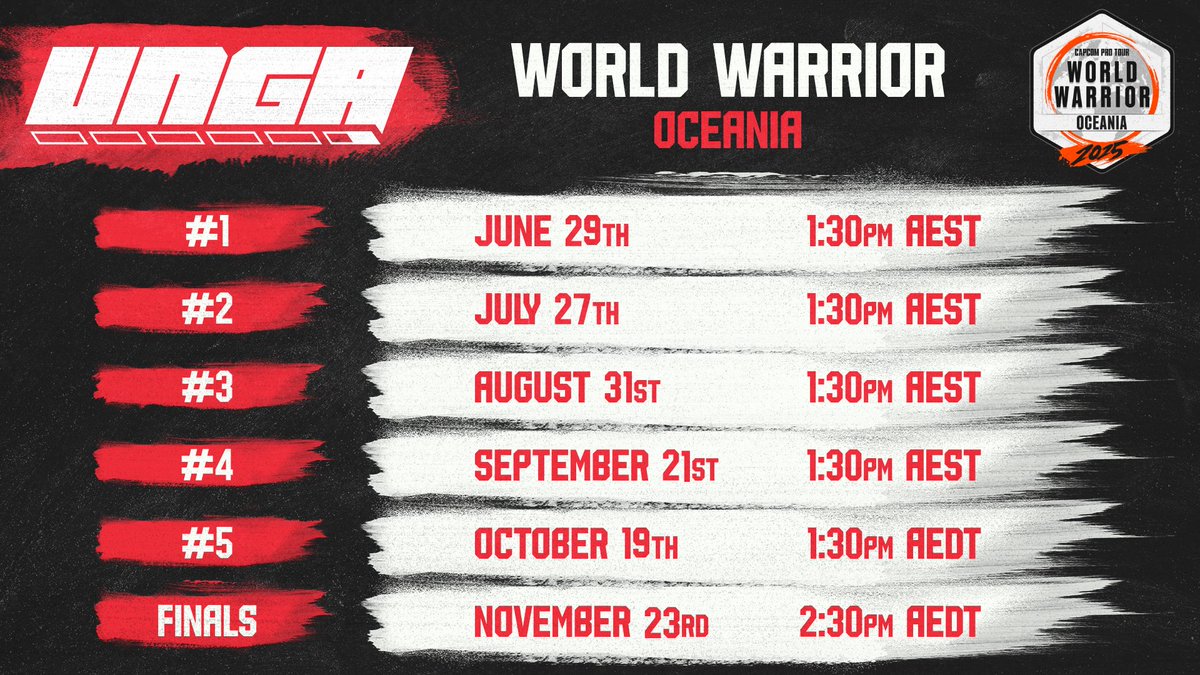 #SF6
World Warrior is returning in 2025 and we are again honoured to host this program for Oceania! 
Thank you, <a href="/CapcomFighters/">Capcom Fighters</a> 

Registration for all five qualifying tournaments is open now for Australia, New Zealand, and New Caledonia residents.

Full details on Discord! ⬇️