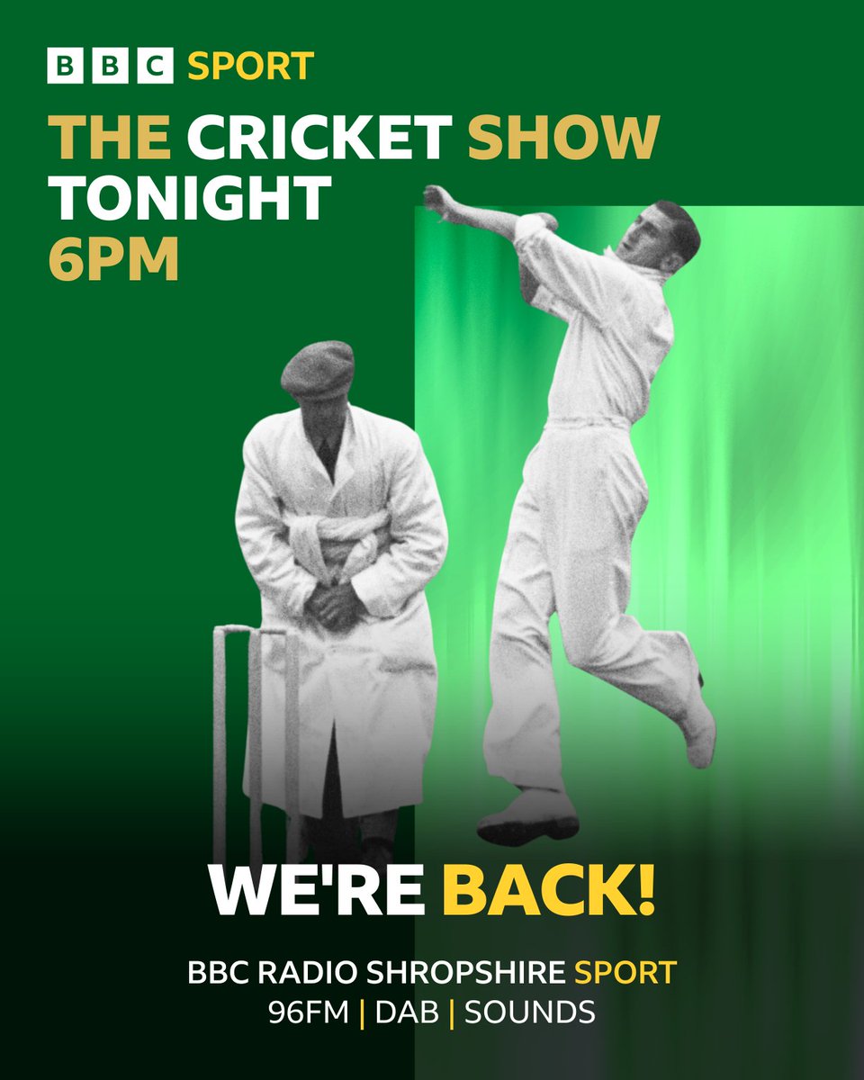 BBC Sport Shropshire (@bbcshropsport) on Twitter photo 🏏 THE CRICKET SHOW IS BACK TONIGHT 6PM
📻 <a href="/BBCShropSport/">BBC Sport Shropshire</a> with <a href="/FootieNick/">Nick Southall</a> and <a href="/joeleach230/">Joe Leach</a> 96FM | DAB
And here on Sounds
bbc.co.uk/programmes/m00…
Tonight's featured clubs include <a href="/WorfieldCC/">Worfield CC</a> <a href="/ShifnalCC/">Shifnal Cricket Club</a> and a round-up of league action with <a href="/JimiHearle/">James Hearle</a> <a href="/CowCornerPod/">Cow Corner Podcast ™</a> 🏏 THE CRICKET SHOW IS BACK TONIGHT 6PM
📻 <a href="/BBCShropSport/">BBC Sport Shropshire</a> with <a href="/FootieNick/">Nick Southall</a> and <a href="/joeleach230/">Joe Leach</a> 96FM | DAB
And here on Sounds
bbc.co.uk/programmes/m00…
Tonight's featured clubs include <a href="/WorfieldCC/">Worfield CC</a> <a href="/ShifnalCC/">Shifnal Cricket Club</a> and a round-up of league action with <a href="/JimiHearle/">James Hearle</a> <a href="/CowCornerPod/">Cow Corner Podcast ™</a>