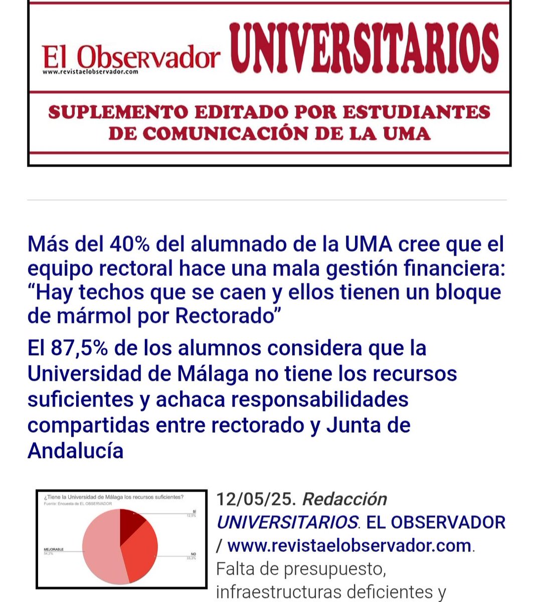 RevistaElObservador (@_elobservador_) on Twitter photo #OJO
#SUPLEMENTOnº2
#UNIVERSITARIOS
Más del 40% del alumnado d la <a href="/InfoUMA/">Universidad de Málaga</a> cree q el equipo rectoral hace una mala gestión financiera: “Hay techos q se caen y ellos tienen un bloque d mármol por Rectorado”.
.
revistaelobservador.com/2-uncategorise…
. #OJO
#SUPLEMENTOnº2
#UNIVERSITARIOS
Más del 40% del alumnado d la <a href="/InfoUMA/">Universidad de Málaga</a> cree q el equipo rectoral hace una mala gestión financiera: “Hay techos q se caen y ellos tienen un bloque d mármol por Rectorado”.
.
revistaelobservador.com/2-uncategorise…
.