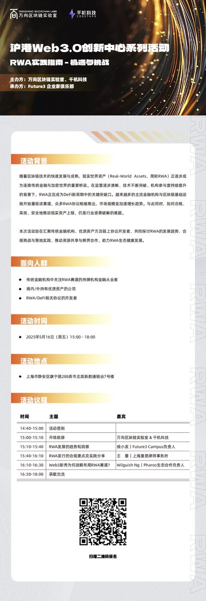 Future3Campus's tweet image. 【上海线下活动】RWA实践指南-机遇与挑战
主办:@WXBlockchain, 千机科技
承办:Future3企业家俱乐部
🗓️5 月 16日(周五)15:00 - 18:00
📍静安区康宁路288弄市北高新数通链谷7号楼
🌟演讲嘉宾:@WXBlockchain, 千机科技, @mankunlaw, @pharos_network, @Future3Campus
🔗9424105689699.huodongxing.com/event/18073655…