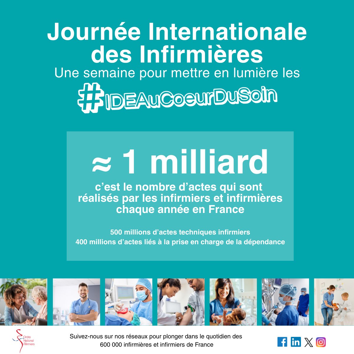 OrdreInfirmiers's tweet photo. [#JournéeInternationaleDesInfirmères]

Pensez-vous vraiment connaître le métier d’infirmier ?

Je suis infirmière/infirmier. 

Et chaque jour :

✅Je prends en charge plus d’une dizaine de patients en services hospitaliers, parfois 30 la nuit selon les services ;
✅Je réalise en moyenne 27 actes essentiels : injections, pansements, perfusions etc. ;
✅Je coordonne les soins avec une variété de professionnels de santé, tels que les médecins, pharmaciens, kinésithérapeutes, aides-soignants, psychologues, et bien d'autres, selon les besoins de chaque patient ;
✅En libéral : je parcours les routes et visite entre 30 à 40 foyers en moyenne ;
✅Je gère des soins complexes avec une vigilance clinique et biologique constante : je surveille, j’anticipe les risques, j’ajuste au moindre signe.
✅Sans jamais rompre la chaîne des soins, je transmets chaque information clinique pour que la prise en charge reste fluide. 
✅Je partage des savoirs faire pour améliorer les pratiques et affiner les protocoles.

Je réconforte, j’informe et je soutiens les patients et leurs proches, en particulier dans des contextes tels que les soins palliatifs ou les situations d'urgence.

Et je ne suis pas seule.

Nous sommes plus de 600 000 infirmières et infirmiers, présents partout, à chaque étape du parcours de soins.

🚨Nous intervenons dans des contextes variés : surveillance en post-anesthésie, soins en réanimation, actes techniques en bloc opératoire, traitements en oncologie, prise en charge de la douleur, santé mentale, soins palliatifs, médecine préventive, urgences, santé scolaire etc.
Nous coordonnons les parcours de soins, accompagnons la dépendance, formons les nouvelles générations, assurons la qualité des pratiques.
Notre profession compte 83 % de femmes et 17 % d'hommes ;
🎯Nous réalisons chaque année près d’un milliard d’actes.
🤝Cette semaine, c’est la Journée internationale des Infirmières : une occasion unique de mettre en lumière notre expertise. 

📲Suivez-nous sur nos réseaux pour plonger dans notre quotidien.

🗓️Cette semaine, infirmières et infirmiers, parlons de nous : mettons en lumière la précision de nos gestes, la complexité de nos décisions cliniques et notre rôle déterminant dans la continuité des soins.
#IDEaucoeurdusoin