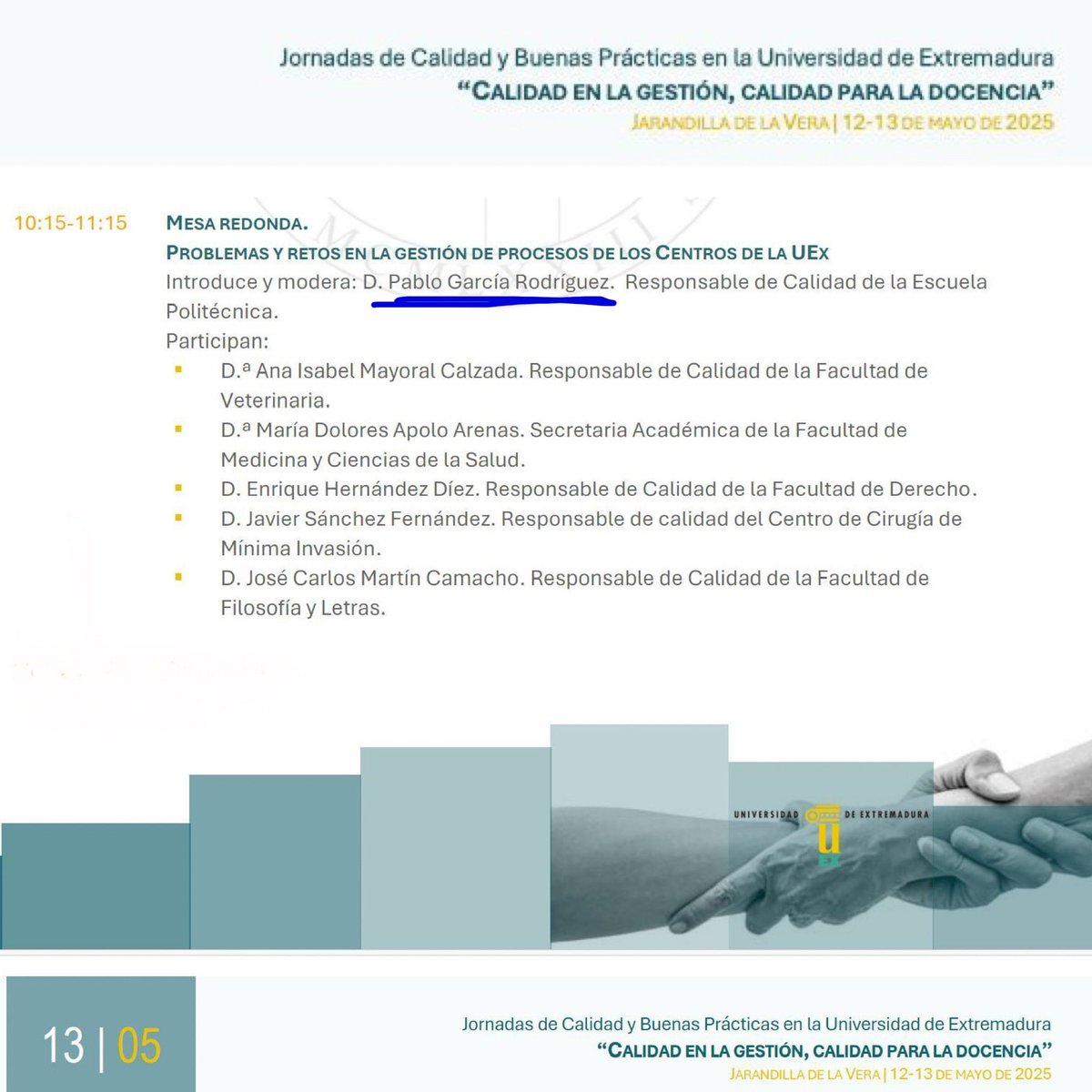 pablogarguez's tweet image. Hoy lunes 12mayo y mañana estaremos en las Jornadas sobre #Calidad y Buenas Prácticas en la @infouex en Jarandilla de la Vera en la Residencia Universitaria V Centenario

… de moderador en la #MesaRedonda: “PROBLEMAS Y RETOS EN LA GESTIÓN DE #PROCESOS DE LOS CENTROS DE LA UEX”