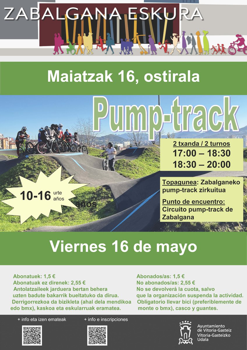 Pump-track lantegia
Taller #pumptrack  #zabalgana en #vitoriagasteiz
Maiatzak 16 de Mayo

Apuntatu - Apúntate 👉vitoria-gasteiz.org/wb021/was/cont…