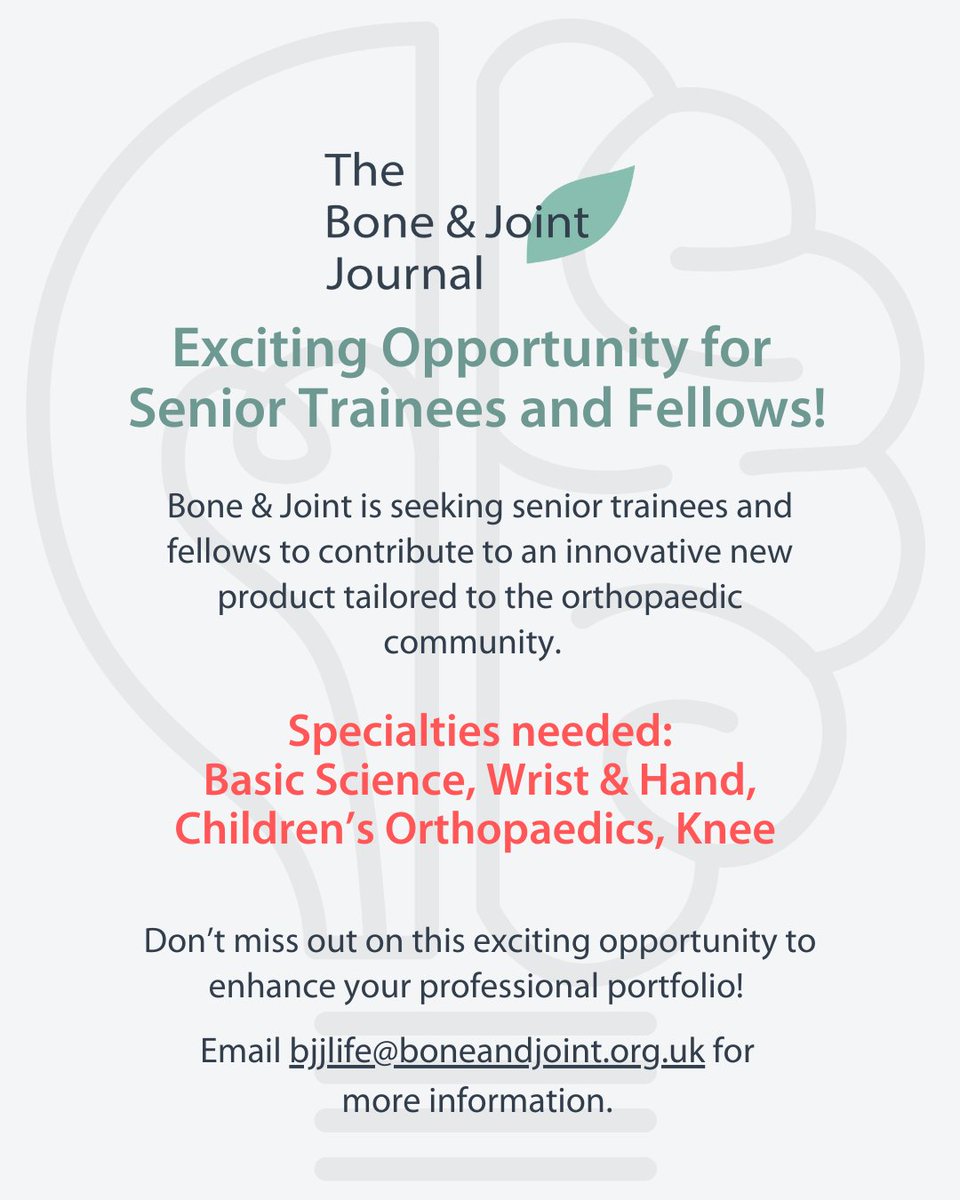 The Bone & Joint Journal (@bonejointj) on Twitter photo ๐ข Exciting Opportunity! ๐ก
Bone & Joint is seeking senior trainees and fellows to develop content for an innovative new product tailored to the orthopaedic community.
Email bjjlife@boneandjoint.org.uk for more information.
#BJJ #MedEd ๐ข Exciting Opportunity! ๐ก
Bone & Joint is seeking senior trainees and fellows to develop content for an innovative new product tailored to the orthopaedic community.
Email bjjlife@boneandjoint.org.uk for more information.
#BJJ #MedEd