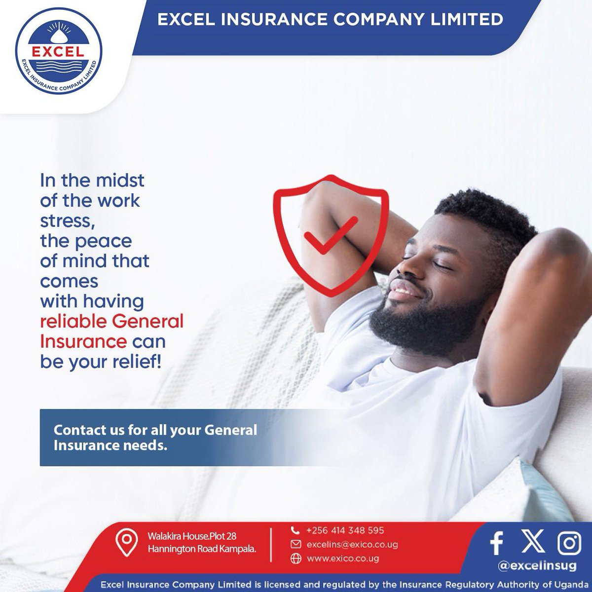 excelinsug_'s tweet photo. Work stress is real. Your peace of mind should be too. Reliable General Insurance from us should be your quiet relief in a noisy world. Stay connected, peace of mind is what you deserve. 
 
Visit us at Walakira House Plot 28, on Hannington Road Kampala. 
 
#ExcelInsurance https://t.co/4ngbFu1F5S