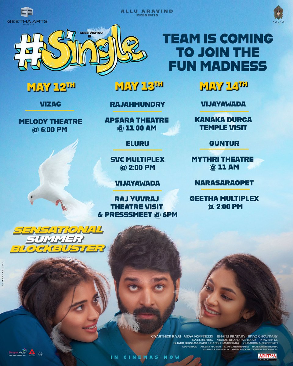 Hello Vizag, Rajahmundry, Eluru , Vijayawada, Guntur &amp; Narasaraopet❤️

#Single Team is Ready to Join your Fun Madness &amp; Laughter Vibe in theatres🥳🤘

Sensational Summer Blockbuster #SingleMovie theatre visit starts today💥💥

Book Your Tickets Now &amp; welcome the team😍
🎟
