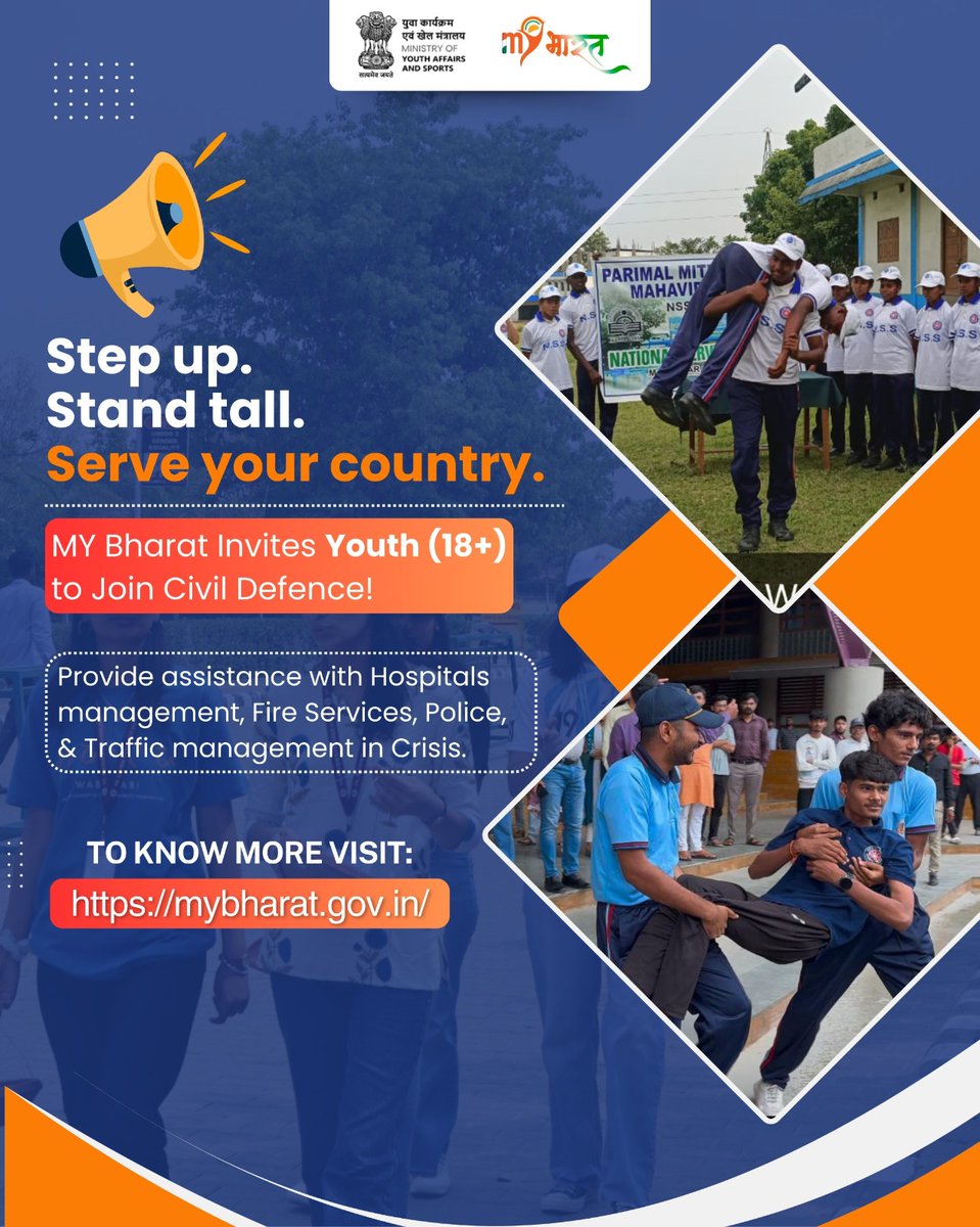 Stand up for service. Stand tall with purpose. 
Join Civil Defence through #MYBharat and play a vital role in crisis response—health, fire, police, traffic management &amp; more. Youth (18+), your nation needs you.
 
Visit mybharat.gov.in to learn more!