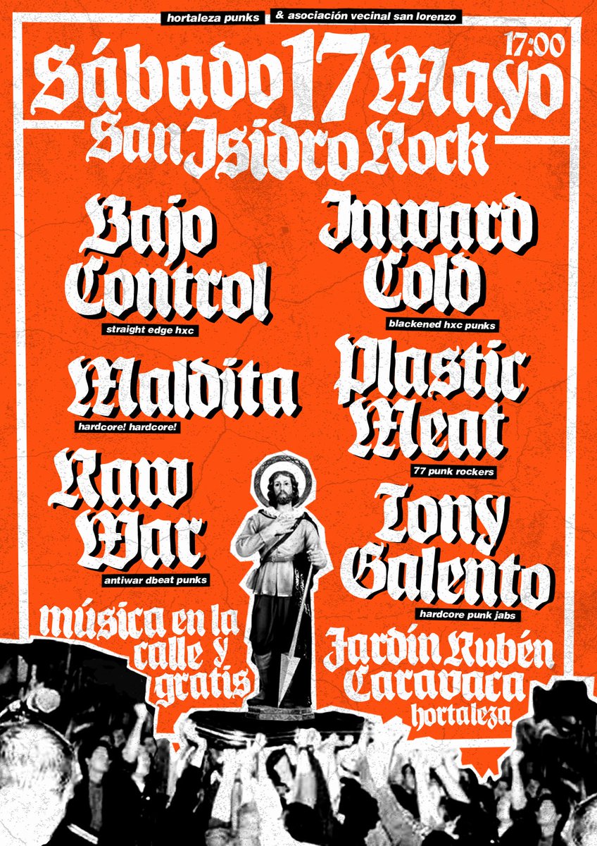 Este sábado 17 de mayo se celebrará el San Isidro Rock, un festival, en la calle y gratuito, de grupos de la ciudad, más o menos recientes, organizado por <a href="/AVSanLorenzo/">Asociación Vecinal de San Lorenzo</a> y <a href="/HortalezaPunks/">Hortaleza Punk</a>.

¿Nos ayudáis con la difusión?