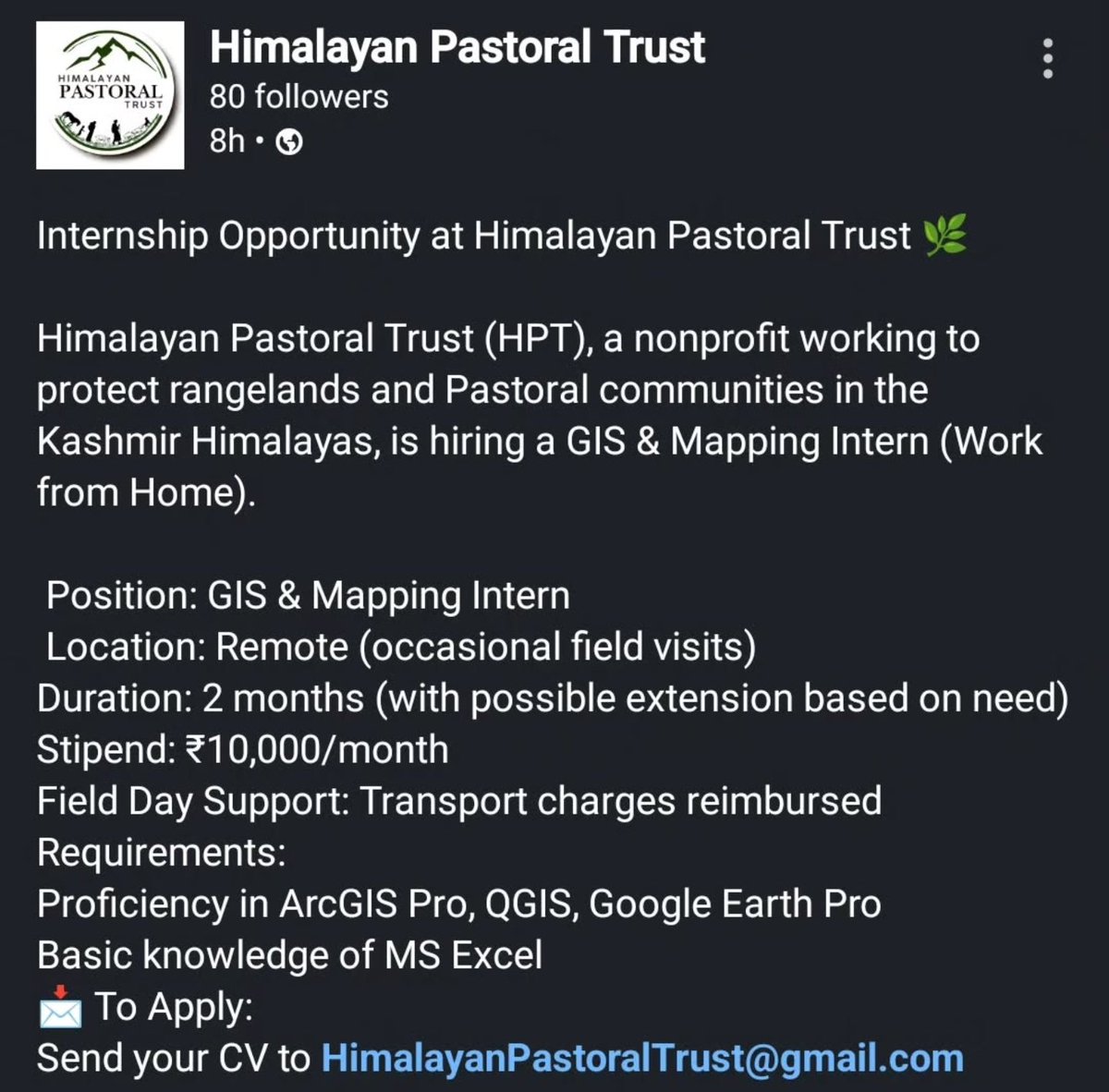 #internship opportunity at Himalayan Pastoral Trust.