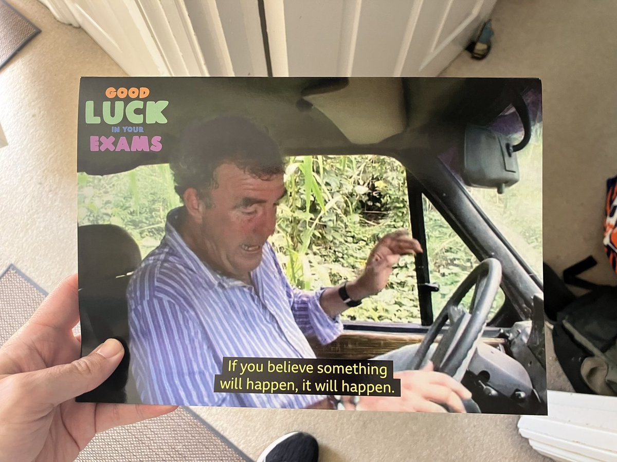 GCSE exams begin today. I’m still chuckling to myself about this personalised card I made featuring <a href="/JeremyClarkson/">Jeremy Clarkson</a> for my son. 

Stay positive and, remember, exams don’t really matter eh, Jeremy 😬