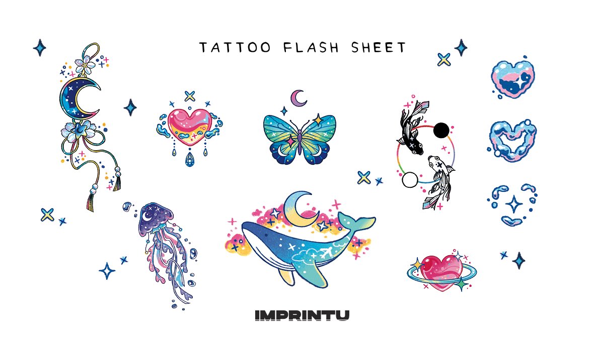 _imprintu's tweet image. Aesthetic colorful tattoo flash sheet we made with Korean tattoo artist zvee! 🫶 #digitalart #flashsheet #tattooideas #tattooart #y2k #doodle