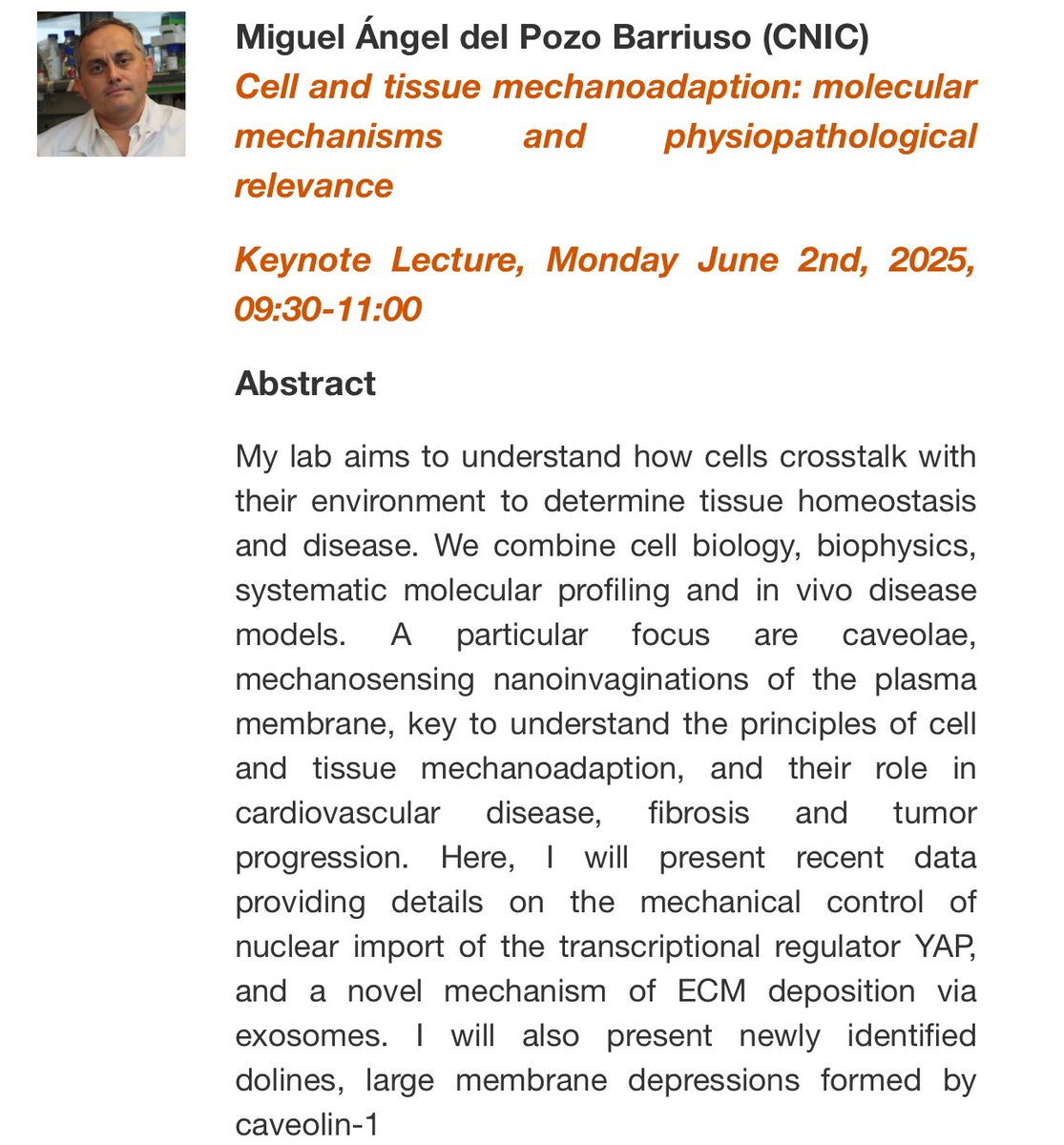 Disc4All EU Project (@disc4all_eu) on Twitter photo 8th Barcelona VPH Summer School, JUNE 2-6, 2025
✍️ Register here: lnkd.in/d2aifhdC
🗓️Deadline: 19/05/25
👇Miguel Ángel del Pozo Barriuso (CNIC)
Cell and tissue mechanoadaption: molecular mechanisms and physiopathological relevance 8th Barcelona VPH Summer School, JUNE 2-6, 2025
✍️ Register here: lnkd.in/d2aifhdC
🗓️Deadline: 19/05/25
👇Miguel Ángel del Pozo Barriuso (CNIC)
Cell and tissue mechanoadaption: molecular mechanisms and physiopathological relevance