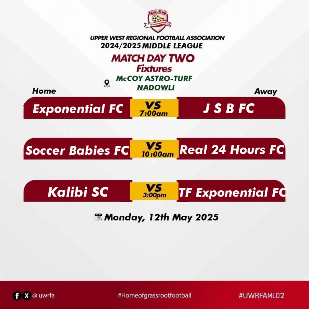 uwrfa's tweet photo. DAY 2 OF THE UWRFA D2ML is here!
The action continues as teams battle for Division One glory
Come cheer for your favorites and feel the energy on the pitch.
#KalibiSC
#TFExponential
#JSBFC
#ExponentialFC
#SoccerBabiesFC
#Real24HoursFC
#UWRFAMiddleLeague2025 https://t.co/ggMHLGNDY6