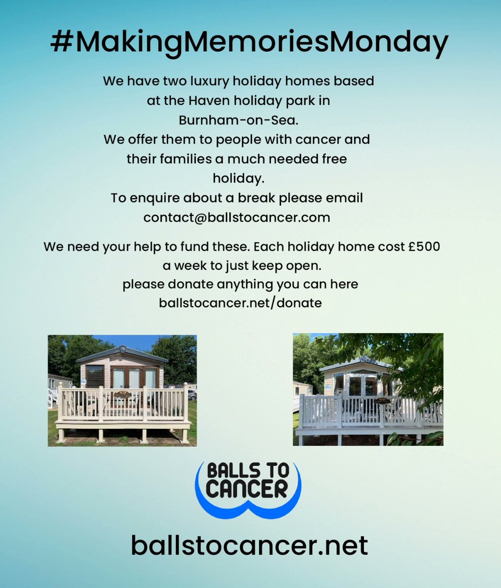WE DESPERATELY NEED YOUR HELP. 
It's #MakingMemories Monday the day we spread awareness of our FREE holiday homes at @havenofficial #Burnham for anyone with cancer, man, woman our child and their family. These are a vital break during or after treatment. To keep these open we