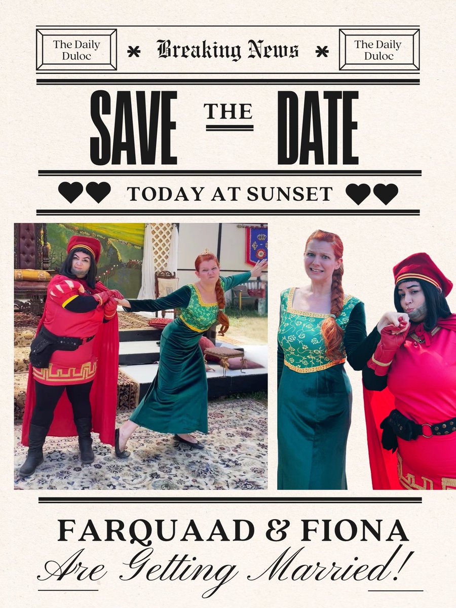 When Shara and I do the Renaissance Pleasure Faire, we tend to go a little extra… 
Enjoy this “Save the Date” announcement from Lord Farquaad and Princess Fiona! 

Please make sure to RSVP. 
… and if you see Shrek around tell him I said, “Help.”