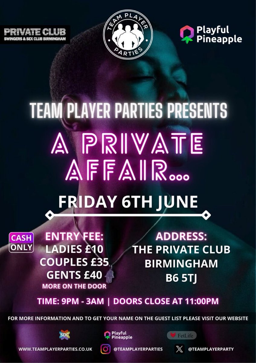 The X Scene (@the_xscene) on Twitter photo ๐คซ <a href="/TeamPlayerParty/">Team Player Parties</a> A Private Affair ๐คซ
๐: Friday, 6 June
โฐ: 9pm - 3am, (Doors Close 11pm)
๐: <a href="/TPClubAston/">ThePrivateClub</a>, B6
๐: 18+
โน๏ธ: Parties are for those that admire black men and what they have to offer.ย
ยฎ๏ธ: teamplayerparties.co.uk/membership-regโฆ ๐คซ <a href="/TeamPlayerParty/">Team Player Parties</a> A Private Affair ๐คซ
๐: Friday, 6 June
โฐ: 9pm - 3am, (Doors Close 11pm)
๐: <a href="/TPClubAston/">ThePrivateClub</a>, B6
๐: 18+
โน๏ธ: Parties are for those that admire black men and what they have to offer.ย
ยฎ๏ธ: teamplayerparties.co.uk/membership-regโฆ