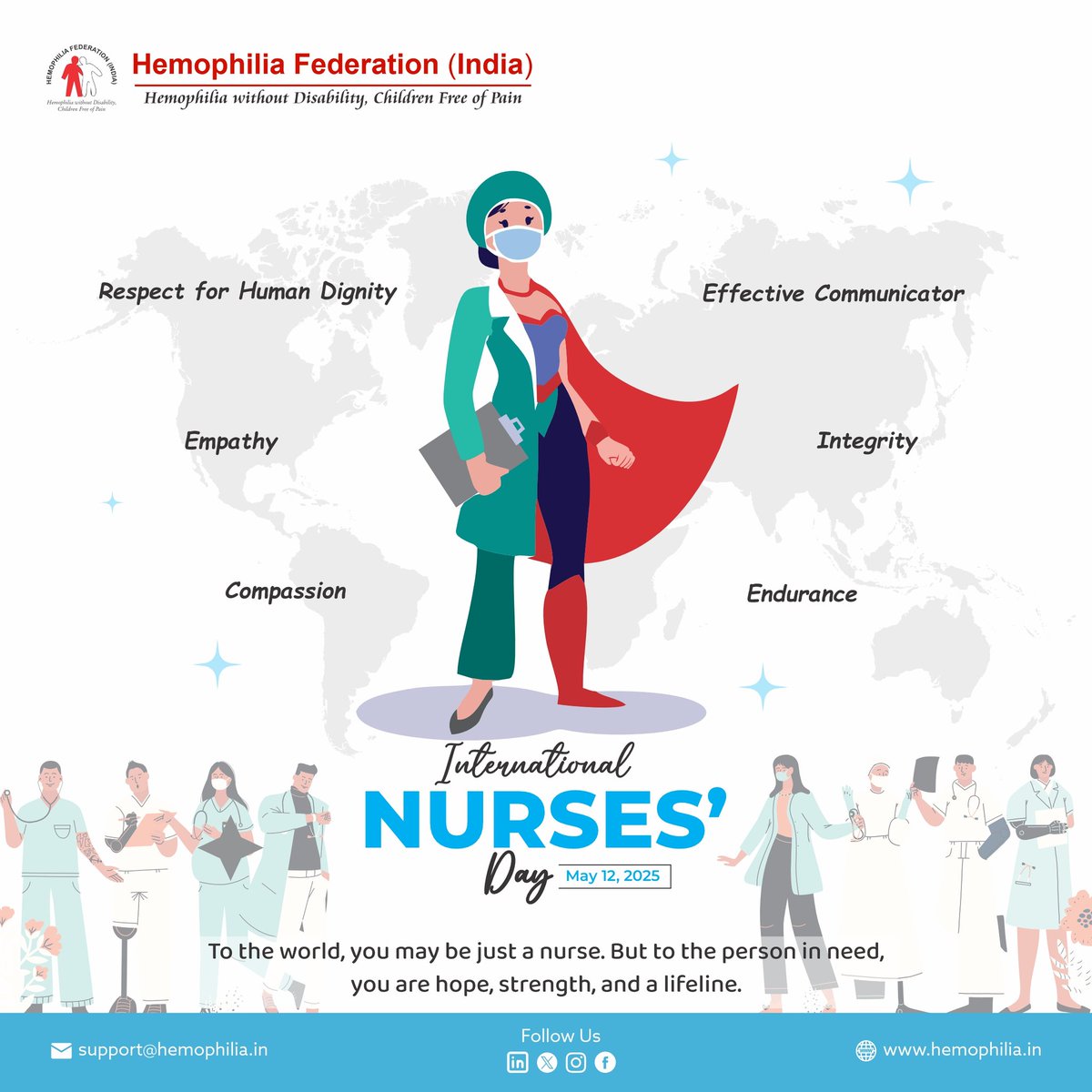 🌍 On #InternationalNursesDay, Hemophilia Federation (India) salutes the strength, spirit &amp; compassion of nurses.

You are the heartbeat of healthcare—bringing dignity, comfort &amp; healing to all, especially in bleeding disorders care. 💙

#ThankYouNurses #NursesDay2025 #HFI