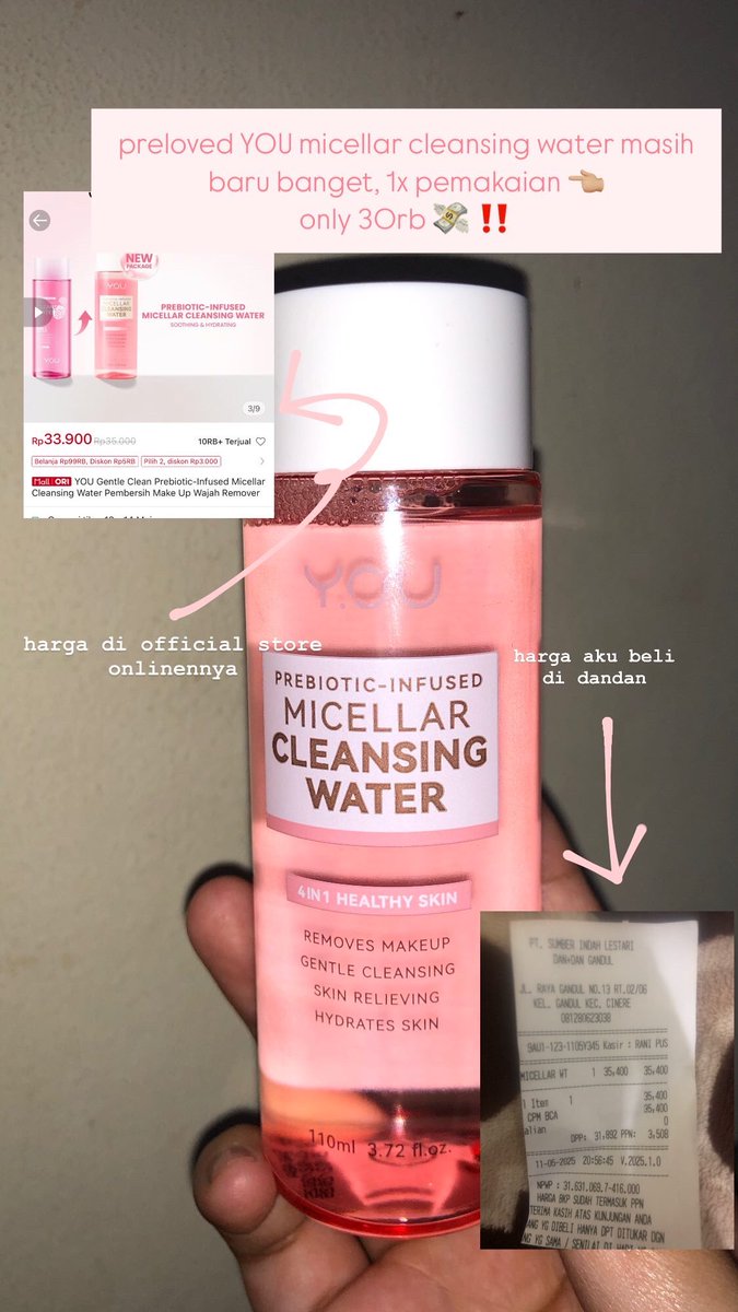 notdeka's tweet photo. @tanyarlfes hai semuanya, aku mau preloved YOU micellar cleansing water aku ni, masih baru banget temen” aku baru 1x pemakaian. alasan gamau pakai karna aku salah beli tdi mau beli yg remove mascara ternyata dia blum bisa remove mascara waterproof, ettss tp buat ngapusin makeup udh mantulpol https://t.co/KpuQJgTbLj