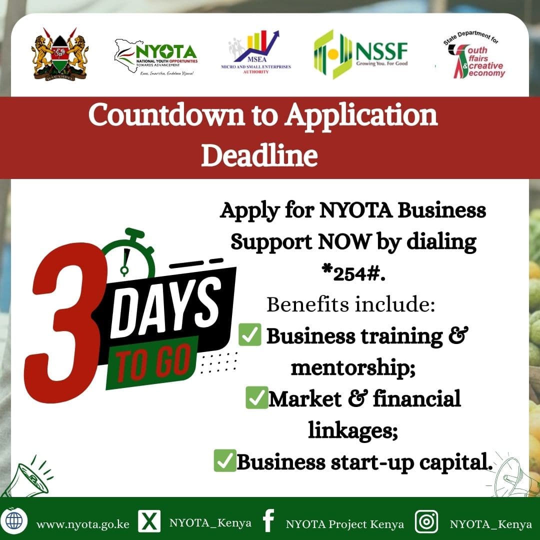 NYOTA_Kenya's tweet image. 𝐌𝐀𝐊𝐄 𝐘𝐎𝐔𝐑 𝐁𝐔𝐒𝐈𝐍𝐄𝐒𝐒 𝐈𝐃𝐄𝐀 𝐀 𝐑𝐄𝐀𝐋𝐈𝐓𝐘!  

NYOTA Project is a Government youth development initiative to increase employment opportunities, earnings, and promote savings among youth aged 18-29 and up to 35 for PWDs. 

#NYOTAOpportunities #EndelezaVijana