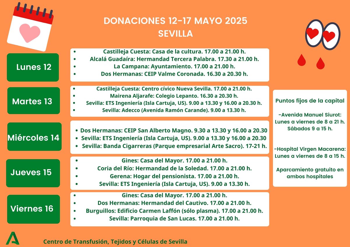 Amanece este lunes de resaca con bajas reservas de los grupos 0+ y A+. Si pesas al menos 50 k., eres mayor de edad y gozas de buena salud, te esperamos en alguno de estos puntos de #donacióndesangre en la provincia de #Sevilla. ¡Anímate!