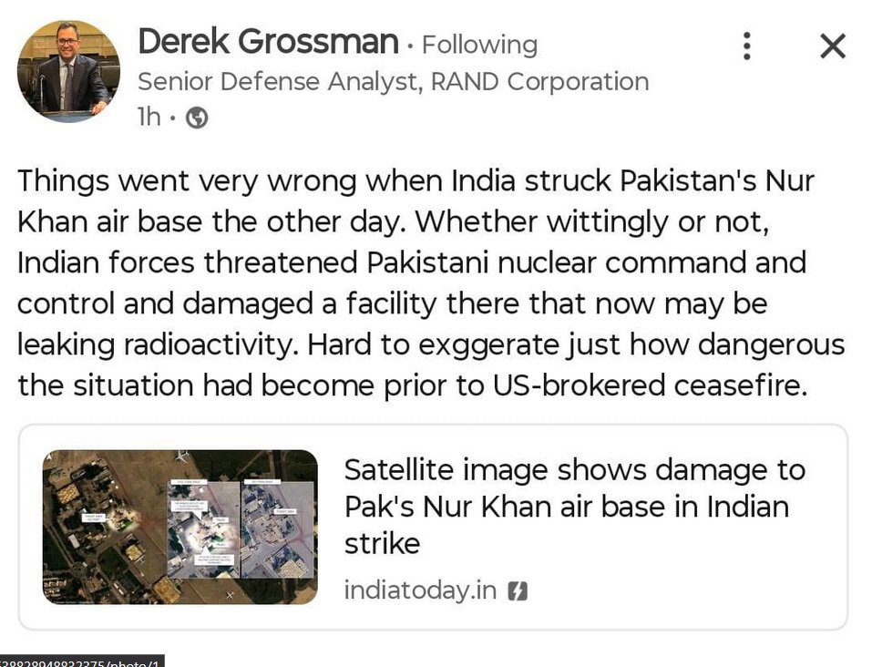 ByRakeshSimha's tweet photo. In 2017, California-based RAND Corporation proposd that the United States, Russia and China  should create a cartel to prevent the proliferation of hypersonic missiles. Since India was in 4th place, it is clear that the target of the proposed cartel was India. RAND is okay with America's adversaries Russia and China acquiring hypersonic missiles but it is not okay with India, a close ally of the US, developing such weapons.

Not surprisingly, the RAND's Derek Grossman blames India for attacking Pakistan's nuclear facilities at the Nur Khan airbase and causing a radiation leak. He does not care to mention the reason WHY India attacked 

Because for RAND the blood of Hindus has no value.