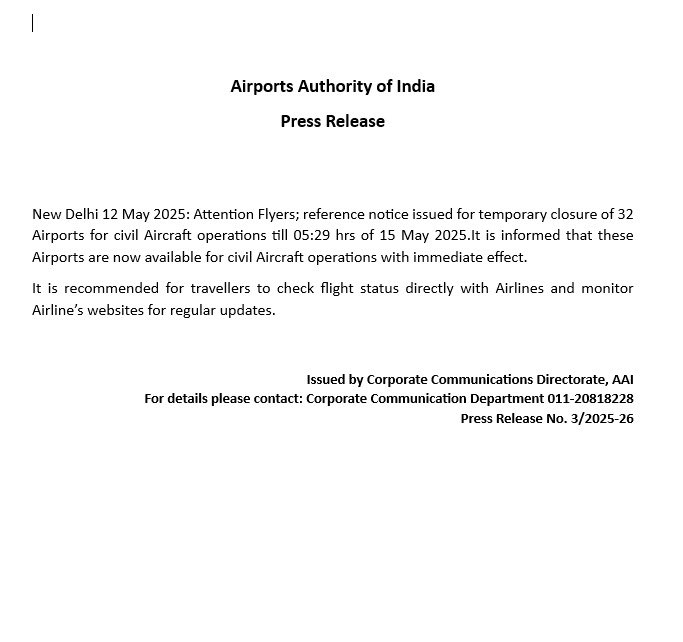 TejinderSsodhi's tweet image. 🚨 Attention Flyers: AAI has reopened 32 airports for civil aircraft operations with immediate effect.
Earlier closure was till 5:29 AM, 15 May 2025.
Check with airlines for flight updates. ✈️
#AirTravel #AAI #FlightUpdate