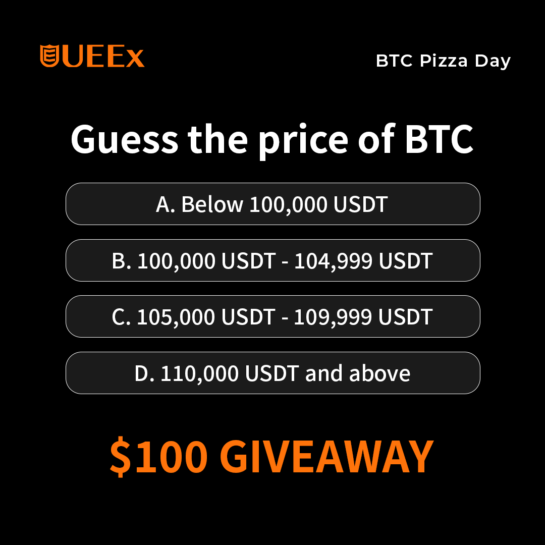 UEEx_official's tweet image. 🍕 BTC Pizza Day Challenge – $200 USDT Giveaway! 🚀

Can you guess the #Bitcoin price on May 22, 10:00 AM (UTC+4)?

Here’s how to join:
🔹 Follow @UEEx_Official
🔹 Like &amp;amp; RT this post
🔹 Comment your guess + #BTCPizzaDay &amp;amp; #UEEx
🔹 Tag 3 friends

🎁 10 winners will each receive…