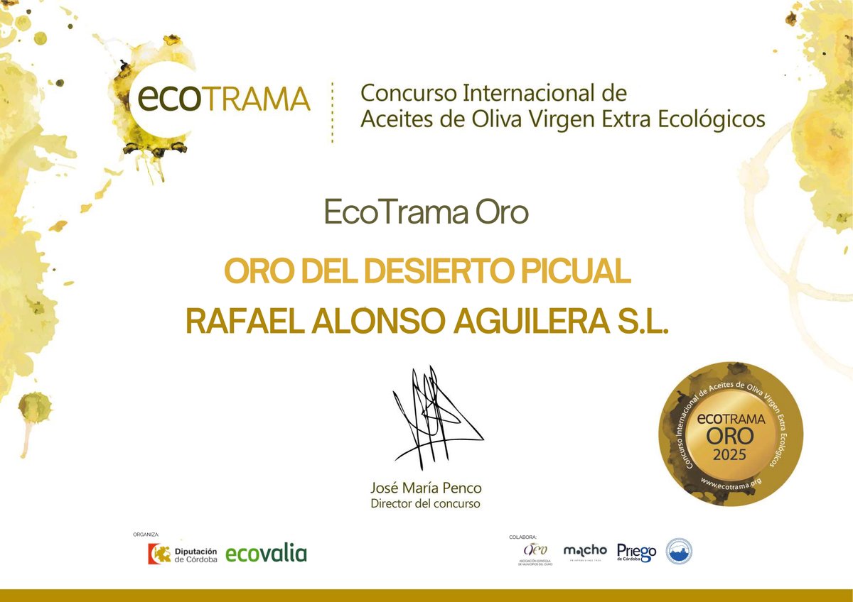 Conseguimos un Gran Oro +90 puntos y un Oro en #Ecotrama 2025 el concurso más antiguo en españa de #aove #ecologico en este caso con nuestro coupage y picual, van 19 reconocimientos este año tan complejo donde además hemos participado en menos concursos que otros años...