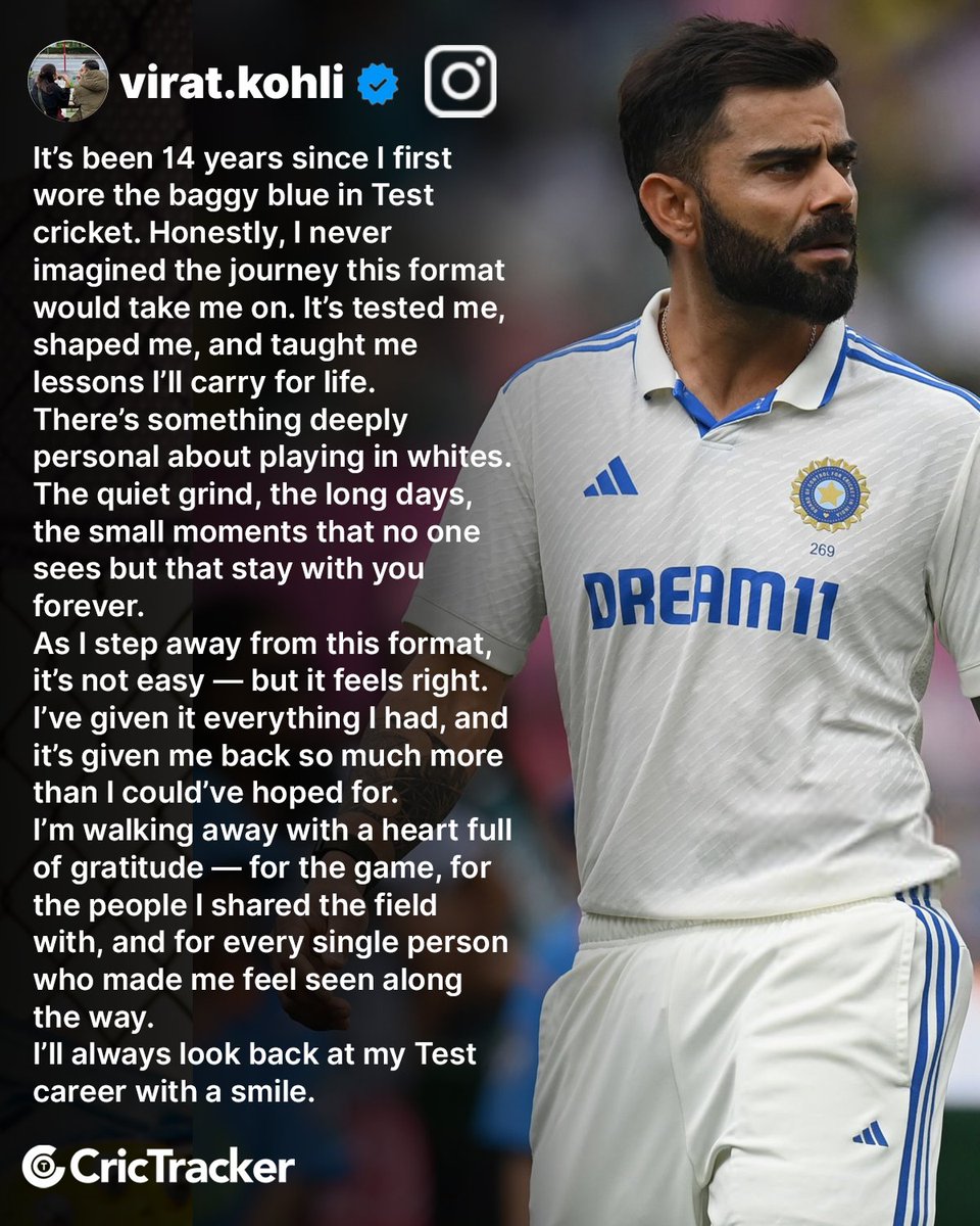Cricketracker's tweet image. The whites will miss your roar🏏💔

Virat Kohli bids farewell to Test cricket, leaving behind a legacy etched in grit, passion, and greatness.

Thank you, Legend👑