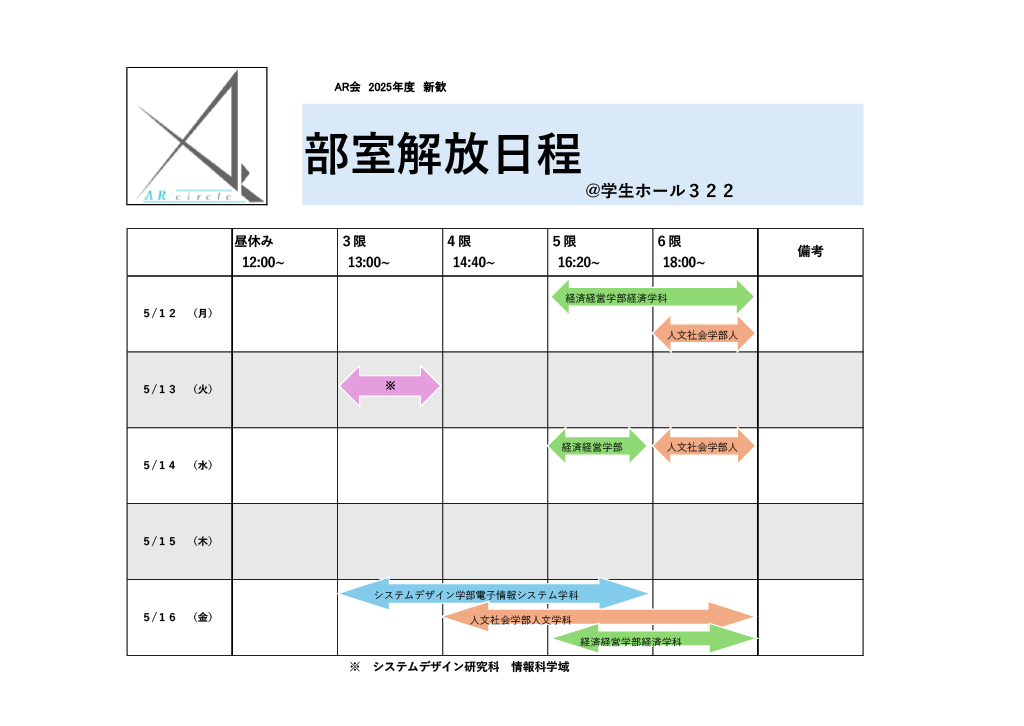 arcircle's tweet photo. 都立大AR会ではまだまだ部室解放を行っております！ 解放日にどの学部学科の先輩がいるかは下の画像にて！ 自分の学部学科の先輩に授業の相談などできちゃいます😎 https://t.co/KPV9SBZv0l
