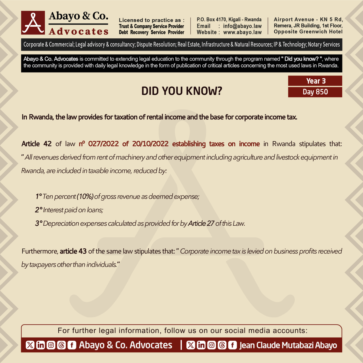 ◉  Do you know the taxation of rental income?

◉  Are you aware of the base for corporate income tax?

This is what the law provides ⤵️ 

#ReadtoKnowtheLaws #SomaUmenyeAmategeko #TumenyeAmategekoAtugenga #bestlawfirminrwanda #bestlawyersinrwanda #Lawyersnearme #law #Rwanda