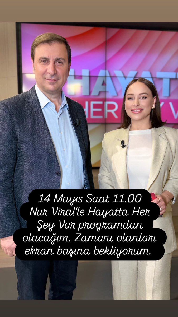 14 Mayıs Çarşamba Saat 11.00 Beyaz TV de Nur Viral'le Hayatta Her Şey Var Programında olacağım. 
Zamanı olanları ekran başına bekliyorum. ❤️⚘️