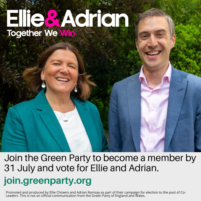 Our campaign is live. The response has been incredible.

If you're inspired by <a href="/EllieChowns/">Ellie Chowns</a> and Adrian’s leadership campaign, now's the time to go further.

🌿 Join <a href="/TheGreenParty/">The Green Party</a> by 31 July to vote in the leadership election.

👉 join.greenparty.org.uk

#TogetherWeWin #JoinUs