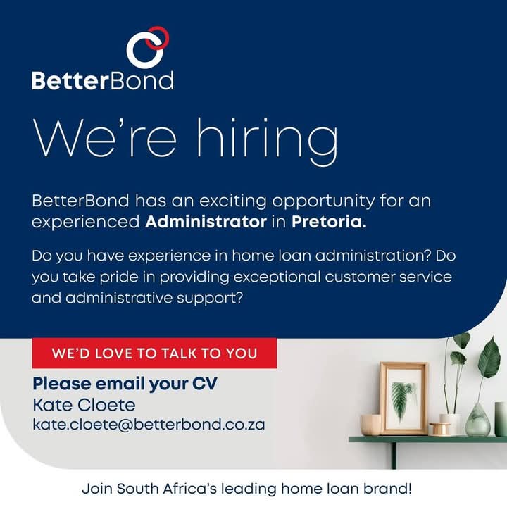 Carol B. ๐ฟ๐ฆ (@carolboitumelo1) on Twitter photo BetterBond is looking for an experienced Administrator to join our team in Pretoria!
Email your CV to Kate Cloete at kate.cloete@betterbond.co.za BetterBond is looking for an experienced Administrator to join our team in Pretoria!
Email your CV to Kate Cloete at kate.cloete@betterbond.co.za