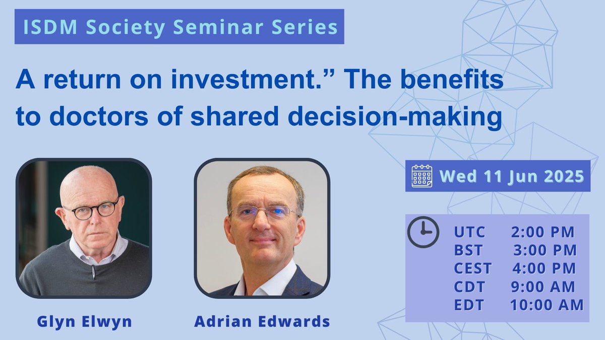Seminar Alert! You can register for our June seminar now! Save the date! 
Prof. <a href="/glynelwyn/">Glyn Elwyn @glynelwyn.bsky.social</a> and Prof. <a href="/adriangkedwards/">adrian gk edwards</a> will present on "A return on investment.” The benefits to doctors of #SharedDecisionMaking." 
Jun 11th  2:00 PM UTC 
Register here: tinyurl.com/2m4s2ty8