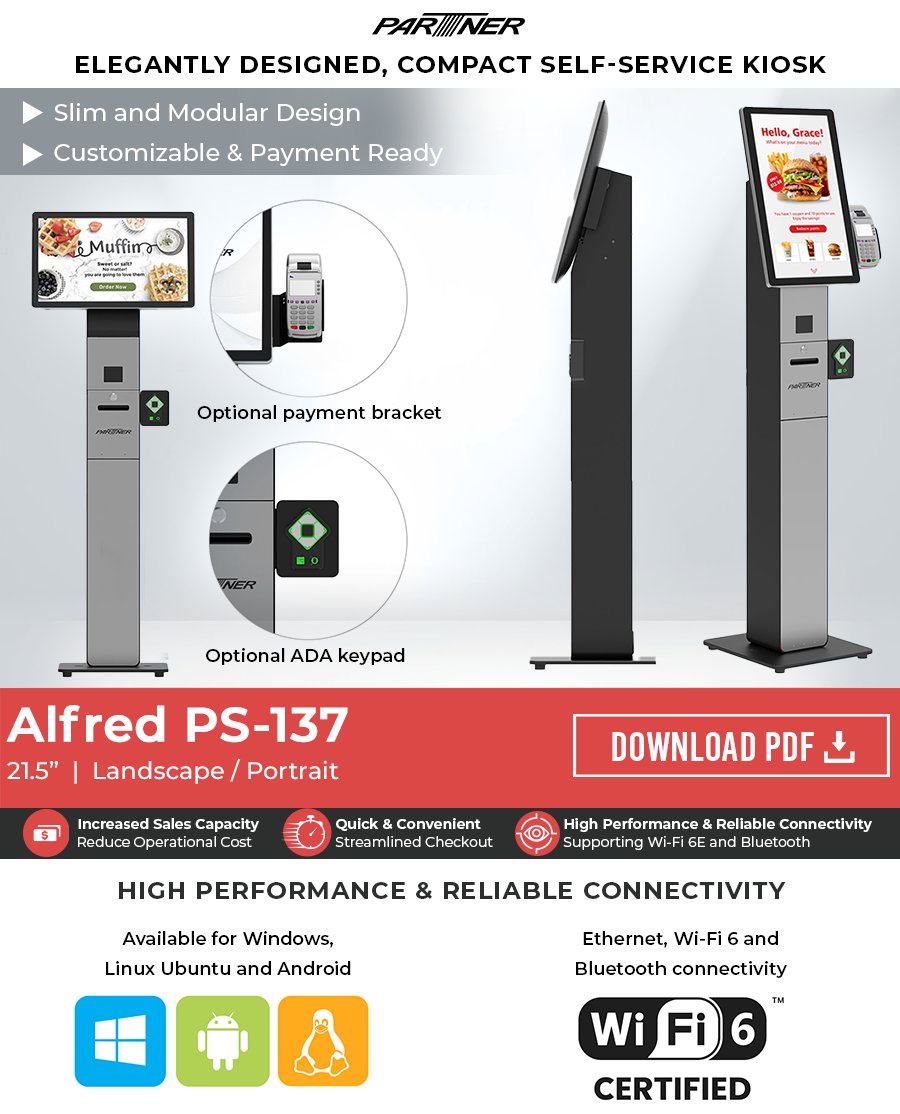 ✨ #PartnerTech's Alfred PS-137: Slim. Smart. Self-Service #Kiosk. 📊🛒 
Maximize floor space with our compact self-service kiosk. The Alfred PS-137 features a sleek design and a 21.5” touch display.

➡️ Read more🔗 linkedin.com/feed/update/ur…