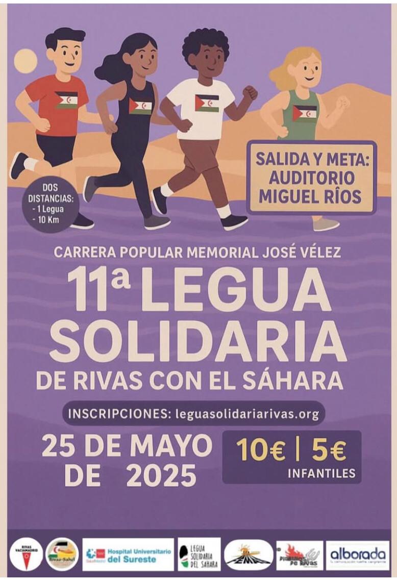 SAHARA MARATHON (@saharathon) on Twitter photo Gracias a <a href="/Rivas_Sahel/">Rivas-Sahel</a> y otras entidades, este 25 de mayo tenemos una cita, ya clásica, con el deporte solidario con los refugiados saharauis. ¡Te esperamos!
🇪🇭 🏃♀️ 🏃♂️🏃♀️🏃 🇪🇭
#11LeguaSolidaria #Rivas Gracias a <a href="/Rivas_Sahel/">Rivas-Sahel</a> y otras entidades, este 25 de mayo tenemos una cita, ya clásica, con el deporte solidario con los refugiados saharauis. ¡Te esperamos!
🇪🇭 🏃♀️ 🏃♂️🏃♀️🏃 🇪🇭
#11LeguaSolidaria #Rivas