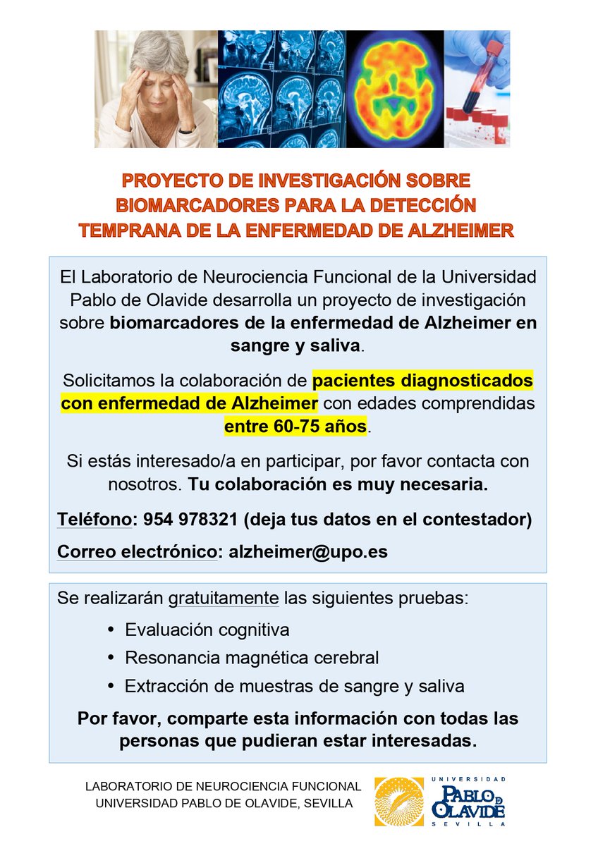 Confederación Andaluza de Alzheimer (@confeafa) on Twitter photo 📢 ¡Atención AFAS de Sevilla y alrededores!
<a href="/UPO_Alzheimer/">Functional Neuroscience Laboratory</a> busca personas diagnosticadas con Alzheimer (60-75 años) para validar biomarcadores en sangre y saliva.
El proyecto está financiado por <a href="/CienciaGob/">Ministerio de Ciencia, Innovación y Universidades</a> y las pruebas se realizarán en Sevilla en la sede <a href="/pablodeolavide/">Pablo de Olavide</a> 📢 ¡Atención AFAS de Sevilla y alrededores!
<a href="/UPO_Alzheimer/">Functional Neuroscience Laboratory</a> busca personas diagnosticadas con Alzheimer (60-75 años) para validar biomarcadores en sangre y saliva.
El proyecto está financiado por <a href="/CienciaGob/">Ministerio de Ciencia, Innovación y Universidades</a> y las pruebas se realizarán en Sevilla en la sede <a href="/pablodeolavide/">Pablo de Olavide</a>