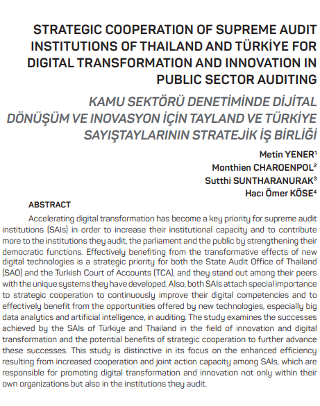 Strategic Cooperation of Supreme Audit Institutions of Thailand and Türkiye for Digital Transformation and Innovation in Public Sector Auditing

📰Journal of Turkish Court of Accounts, Issue 136

🔗dergi.sayistay.gov.tr/files/5791_M1.…