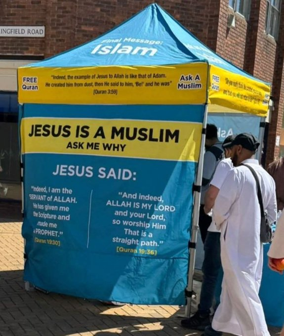 I assume this is not AI but this was seen in Chelmsford. Certainly the quotes are correct from the Quran.

Historically illiterate, Mohammed was born 570 years after Jesus, Muslims believe He was a prophet &amp; not the Son Of God. 

Blasphemy laws for Muslims may be problematic.