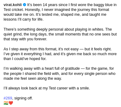 Virat Kohli's retirement from Test cricket feels like the last page of a golden chapter. That fire — not just boundaries, even his defense spoke volumes. The field remains, but won’t echo Virat’s roar. An era ends — heartbreaking, unforgettable. Thank you, #KingKohli. 💔🧡