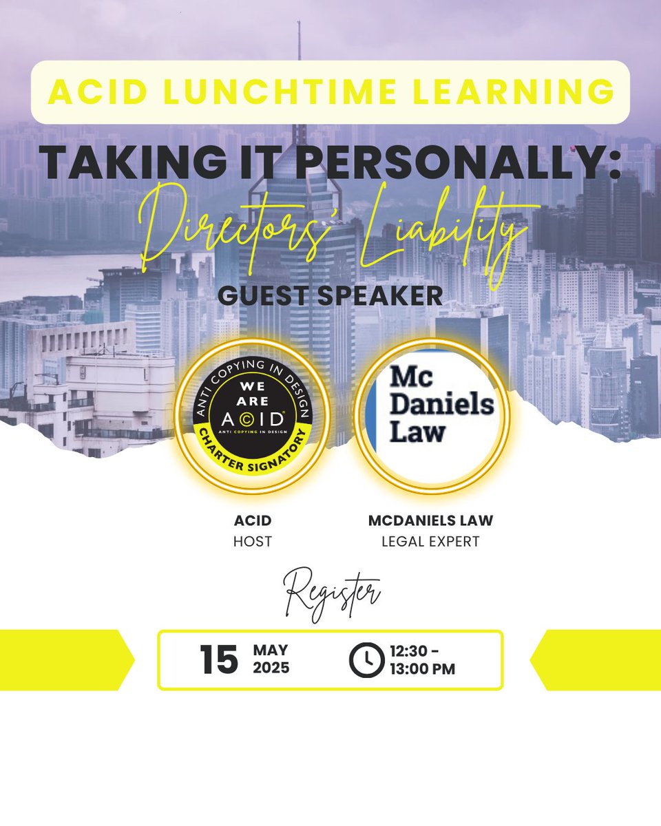 ⚖️ FREE Webinar ⚖️

ACID Lunchtime Learning: Taking It Personally — Directors’ Liability
🗓 May 15 | 🕧 12:30–1:30 PM

Can company directors be personally liable for IP infringements? Yes — and here’s what you need to know with <a href="/IP_DOCTOR/">McDaniels Law</a>

Register now: bit.ly/41I7Zrv