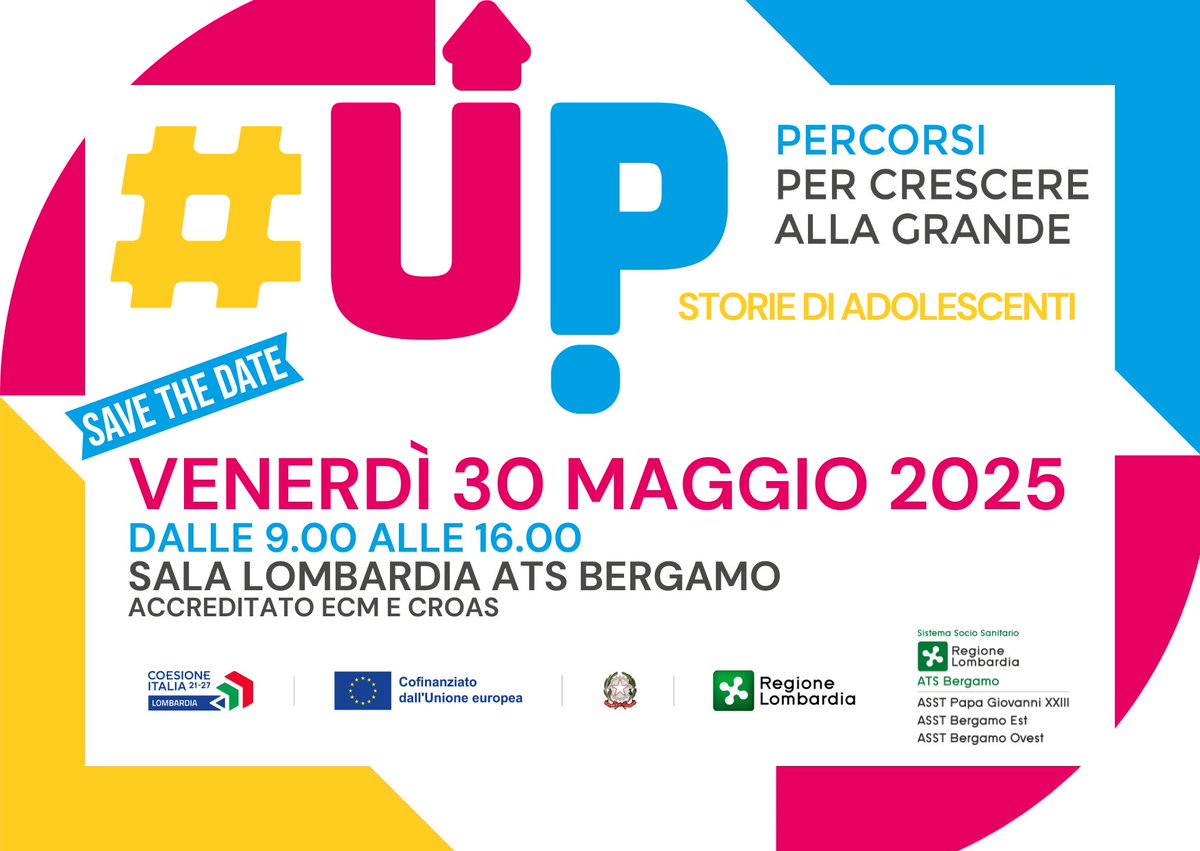 ATS Bergamo (@ats_bergamo) on Twitter photo 🎒 #UP – Percorsi di crescita
📅 Venerdì 30 maggio 2025, dalle 9.00 alle 16.00
📍 Sala Lombardia, ATS Bergamo
Iscriviti subito👉 formazione.sigmapaghe.com
Per info👉 formazione@ats-bg.it
Evento accreditato ECM e CROAS. 🎒 #UP – Percorsi di crescita
📅 Venerdì 30 maggio 2025, dalle 9.00 alle 16.00
📍 Sala Lombardia, ATS Bergamo
Iscriviti subito👉 formazione.sigmapaghe.com
Per info👉 formazione@ats-bg.it
Evento accreditato ECM e CROAS.