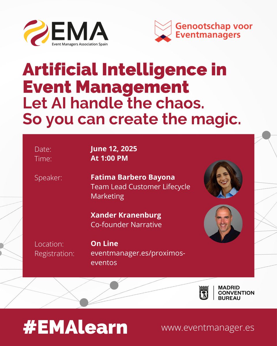 eventmanager_es's tweet photo. ✨ Can you imagine using Artificial Intelligence to reduce the chaos of event planning? It’s possible! Join us at the next #EMALearn session.

🌐 Session held in English

👉 https://t.co/DHGGa0ccLa https://t.co/IGEUTDRjre