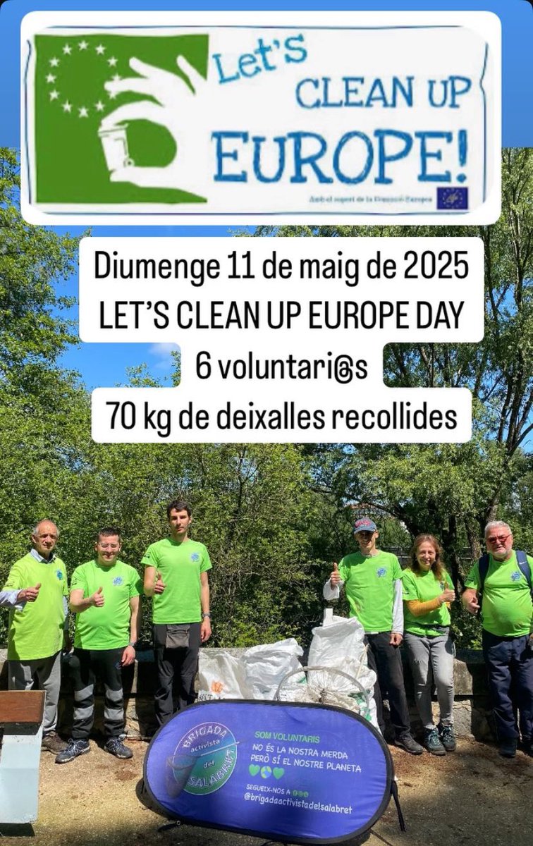 Diumenge 11 de maig de 2025
Let’s Clean Up Europe Day
Hem sigut 6 voluntaris…, estava tot molt moll i el terra relliscava molt.
De totes maneres hem recollit 70 kg de brossa…
Satisfets per la feina feta.
Fes quelcom a canvi de no res… està bé i és gratificant 🌍💚