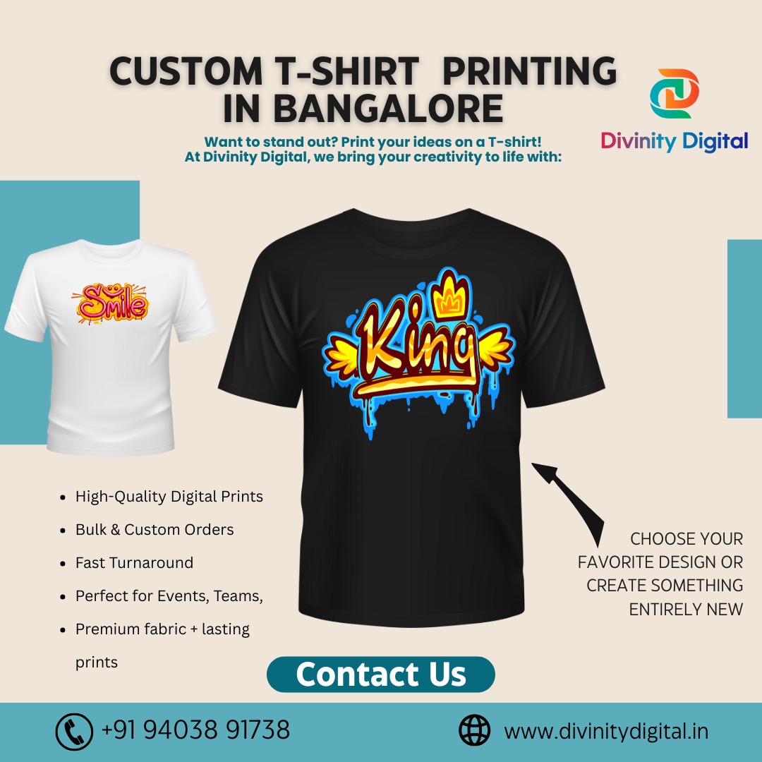 DigitalDiv61291's tweet image. 👕 Want to stand out? Go custom!

#DivinityDigital offers premium T-shirt #printing in Bangalore — choose from #screenprinting, heat transfer, #DTG &amp;amp; sublimation. Perfect for events, #brands, or personal #style! 

📞 +91-94038 91738
🌐 divinitydigital.in

 #TShirtPrinting