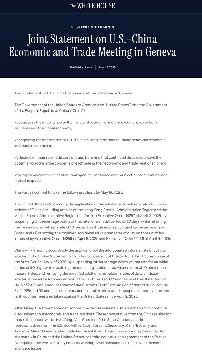 BREAKING: Statement by US and China, per the White HOUSE:

Recognizing the importance of their bilateral economic and trade relationship to both countries and the global economy;

Recognizing the importance of a sustainable, long-term, and mutually beneficial economic and trade